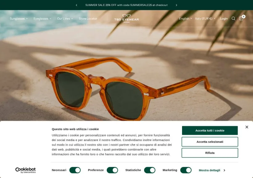 Schermata della pagina offerta di TBD eyewear