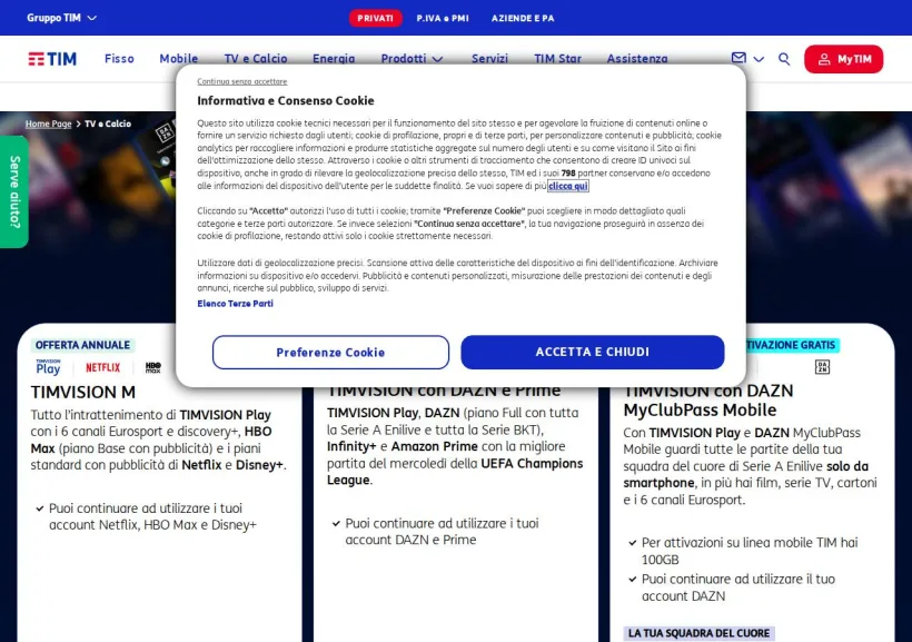 Schermata della pagina offerta di TIM