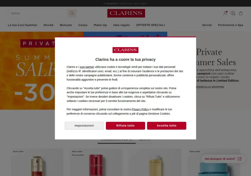 Schermata della pagina offerta di Clarins