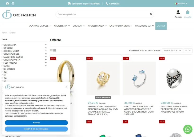 Schermata della pagina offerta di Oro Fashion