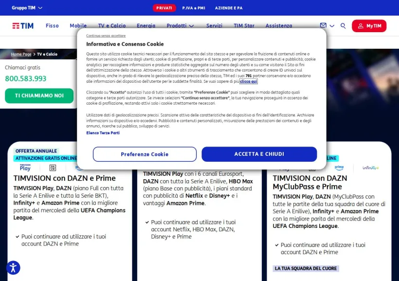 Schermata della pagina offerta di TIM