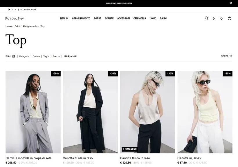 Schermata della pagina offerta di Patrizia Pepe