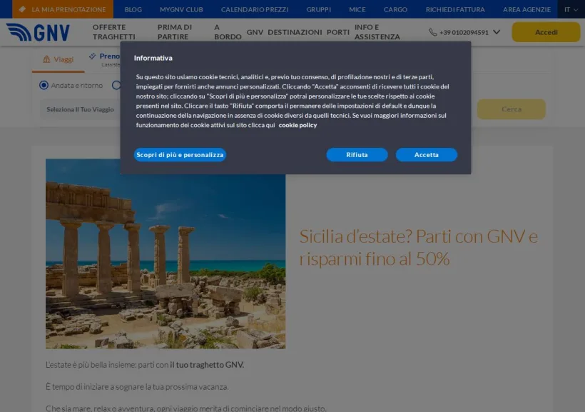 Schermata della pagina offerta di Grandi Navi Veloci