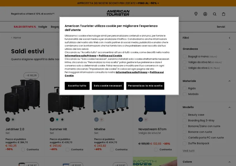 Schermata della pagina offerta di American Tourister