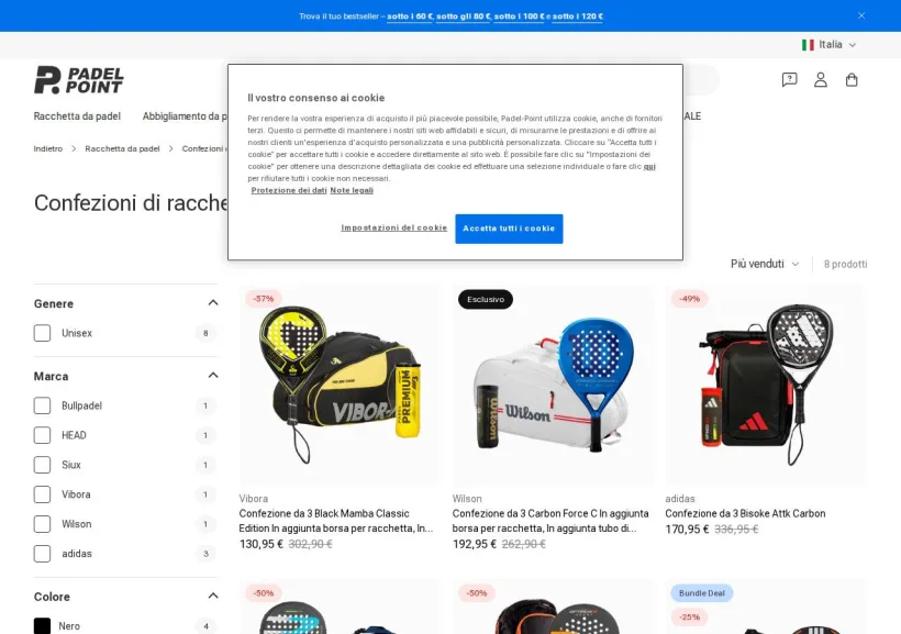 Schermata della pagina offerta di Padel-Point