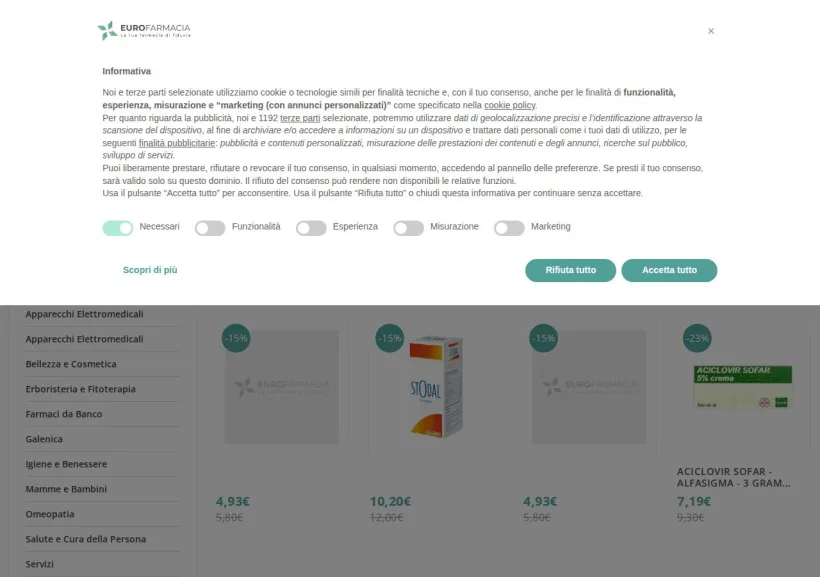 Schermata della pagina offerta di Eurofarmacia