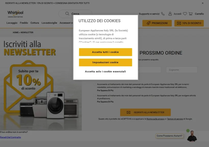 Schermata della pagina offerta di Whirlpool