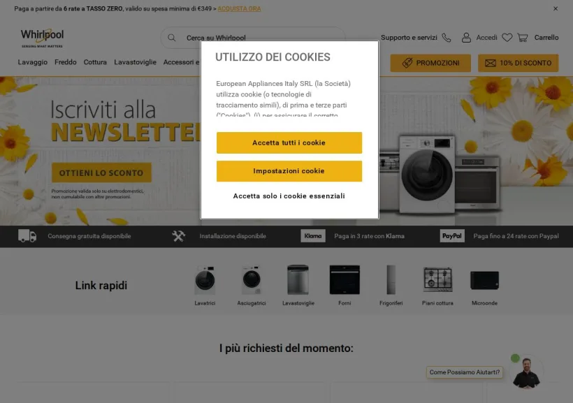 Schermata della pagina offerta di Whirlpool