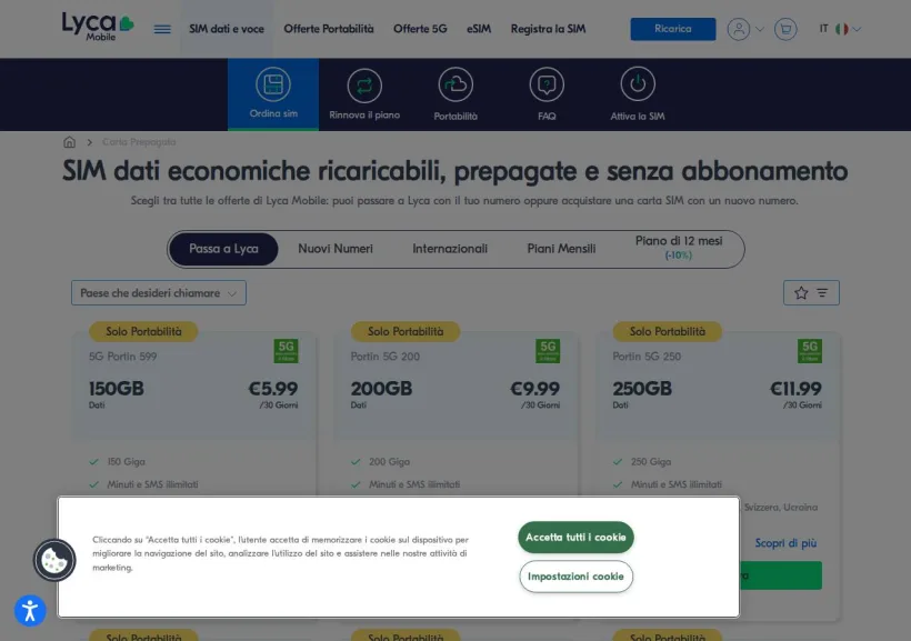 Schermata della pagina offerta di Lycamobile