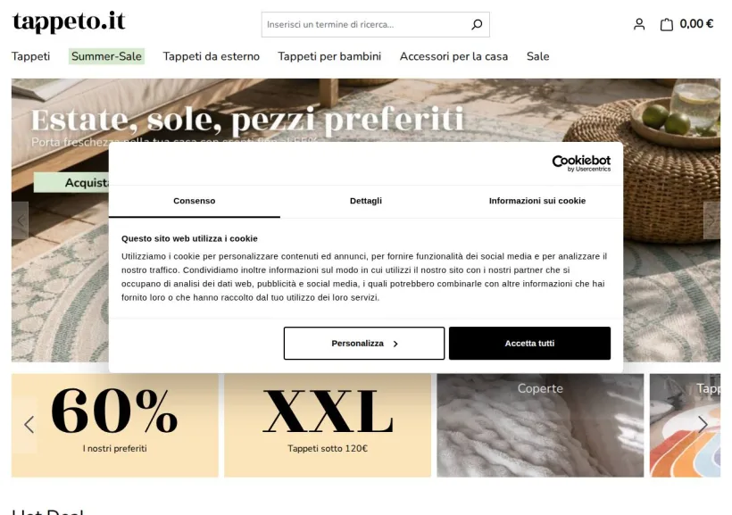 Schermata della pagina offerta di tappeto.it