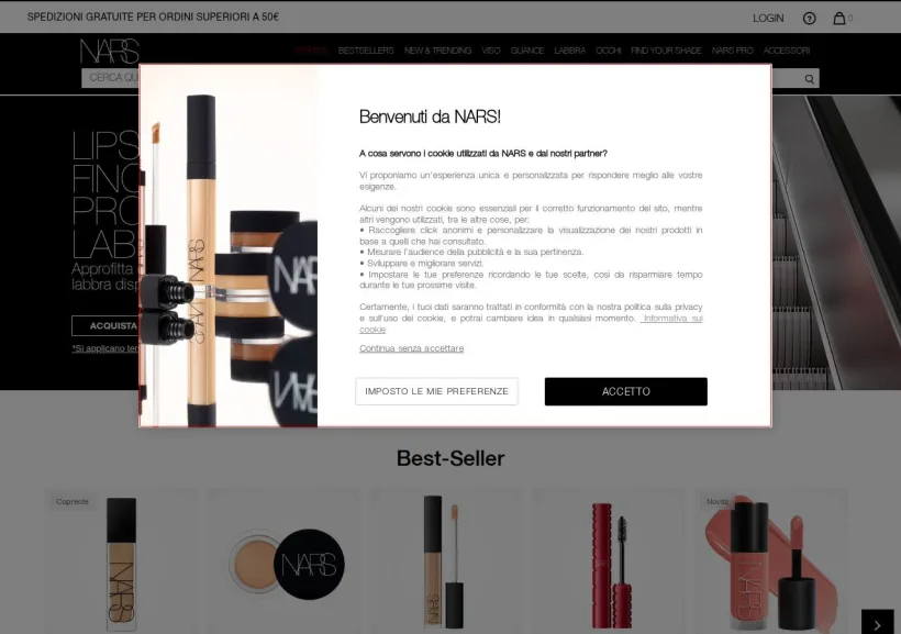 Schermata della pagina offerta di NARS