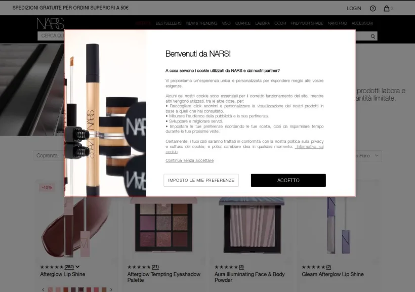 Schermata della pagina offerta di NARS