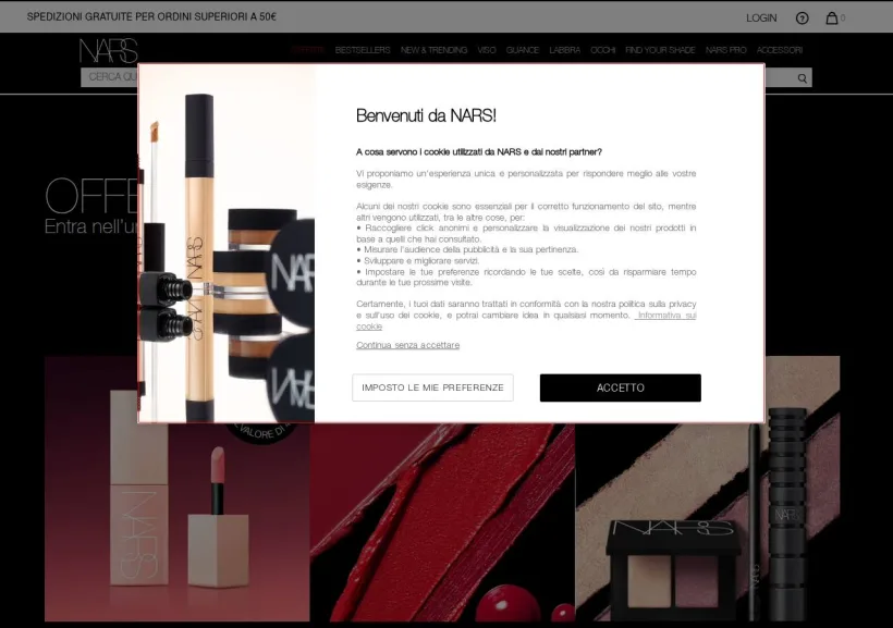Schermata della pagina offerta di NARS