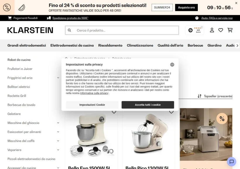 Schermata della pagina offerta di Klarstein