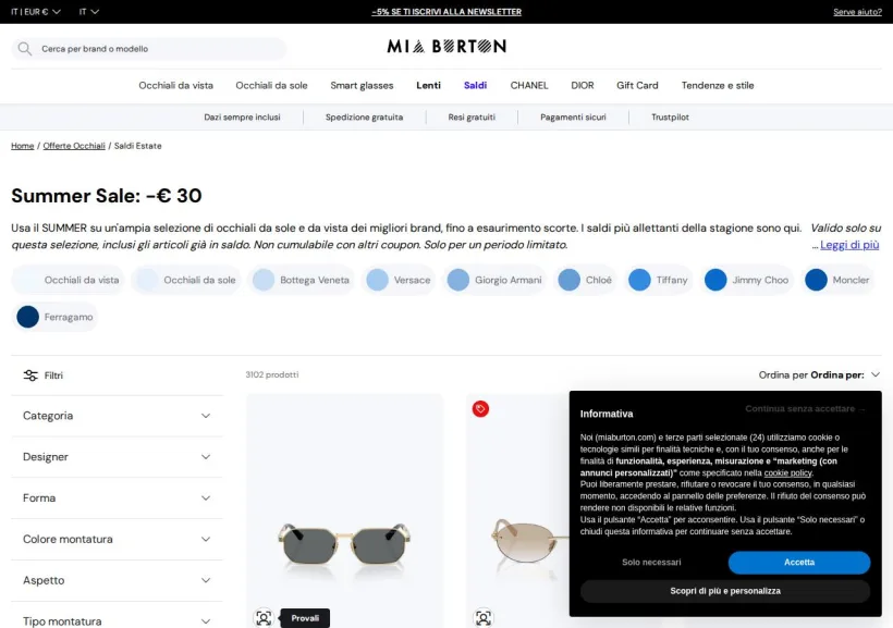 Schermata della pagina offerta di Mia Burton