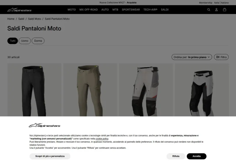 Schermata della pagina offerta di Alpinestars