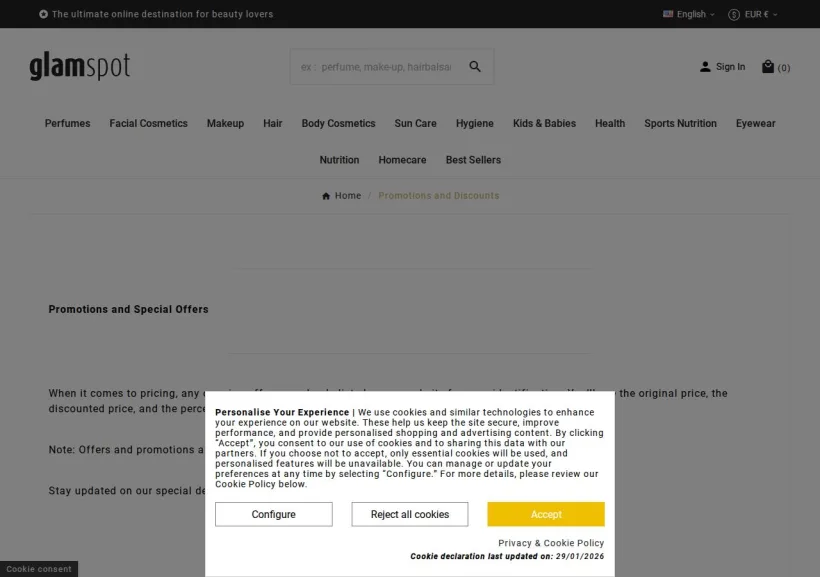 Schermata della pagina offerta di Glam Spot