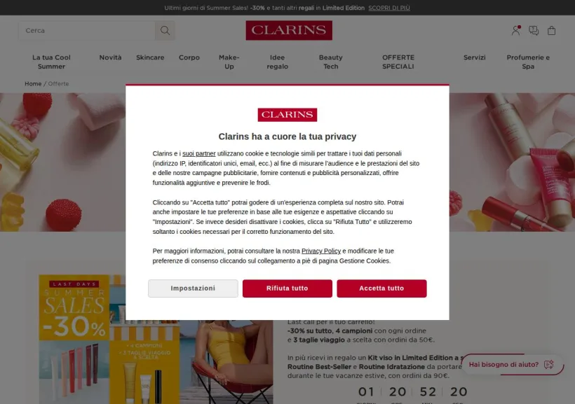 Schermata della pagina offerta di Clarins