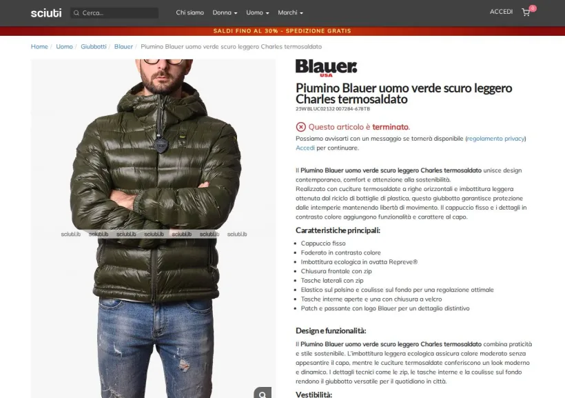 Schermata della pagina offerta di Sciuti