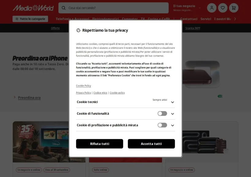 Schermata della pagina offerta di Mediaworld