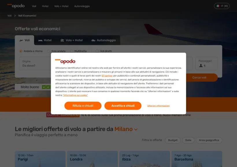 Schermata della pagina offerta di Opodo