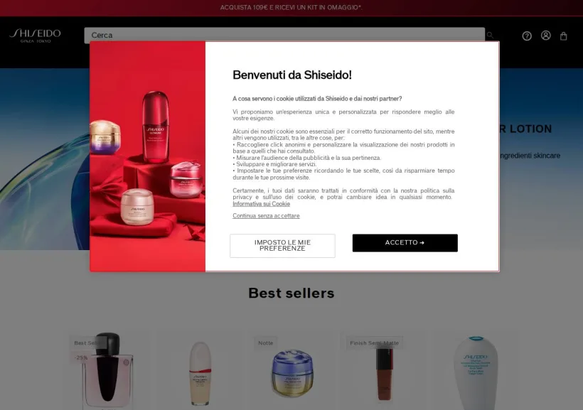 Schermata della pagina offerta di Shiseido