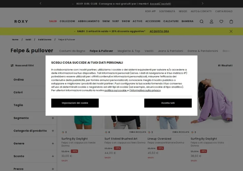 Schermata della pagina offerta di Roxy