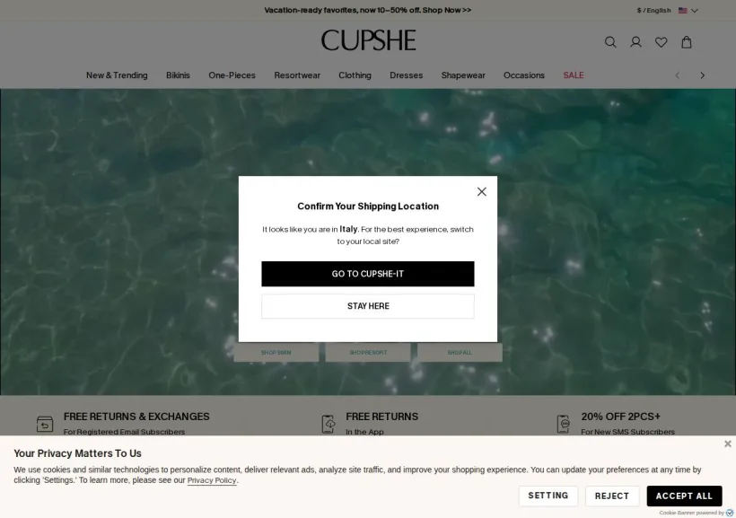 Schermata della pagina offerta di Cupshe