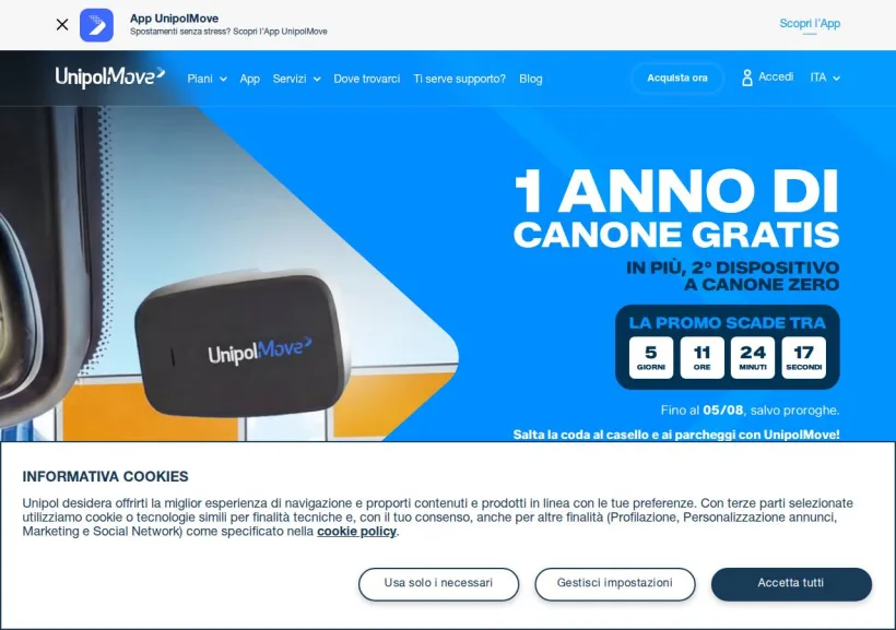Schermata della pagina offerta di UnipolMove