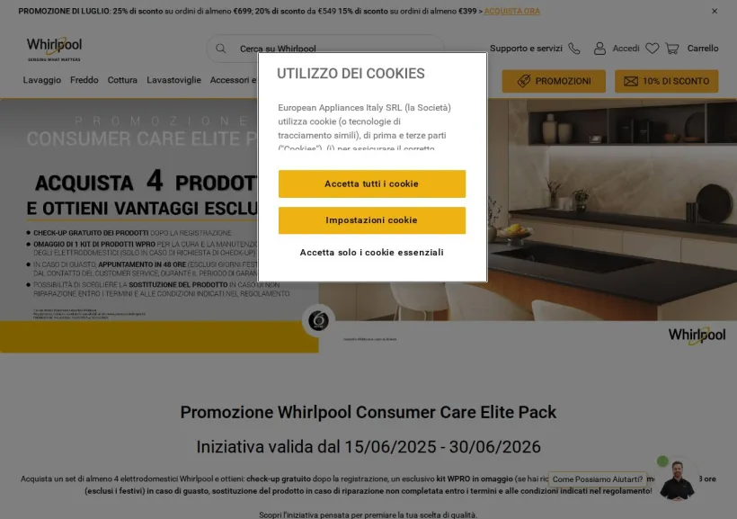 Schermata della pagina offerta di Whirlpool