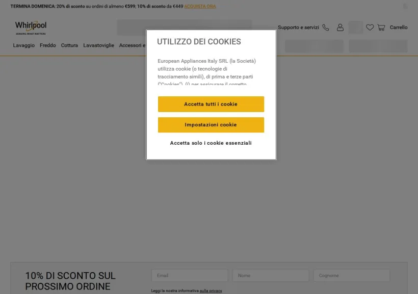 Schermata della pagina offerta di Whirlpool