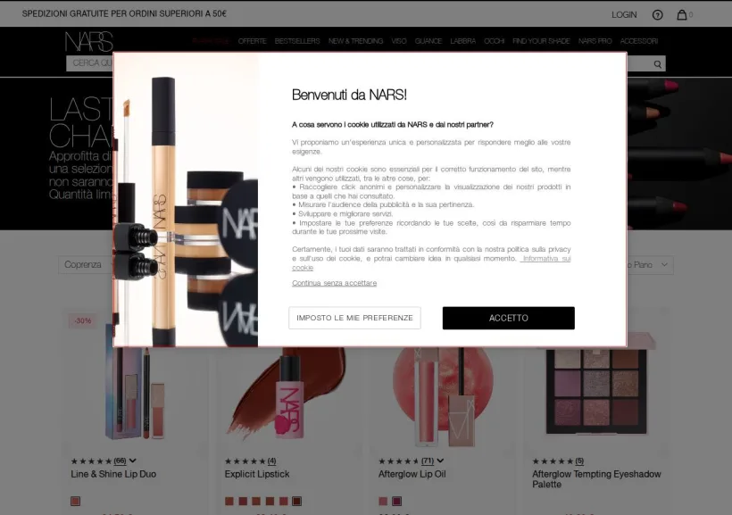 Schermata della pagina offerta di NARS