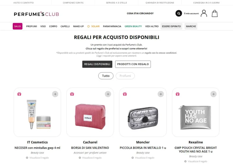 Schermata della pagina offerta di Perfume's Club