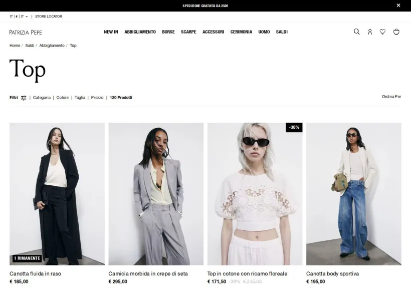 Schermata della pagina offerta di Patrizia Pepe
