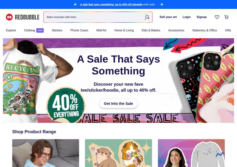 Schermata della pagina offerta di Redbubble