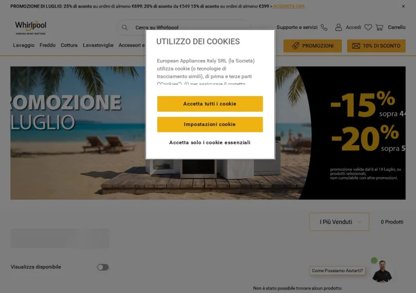 Schermata della pagina offerta di Whirlpool