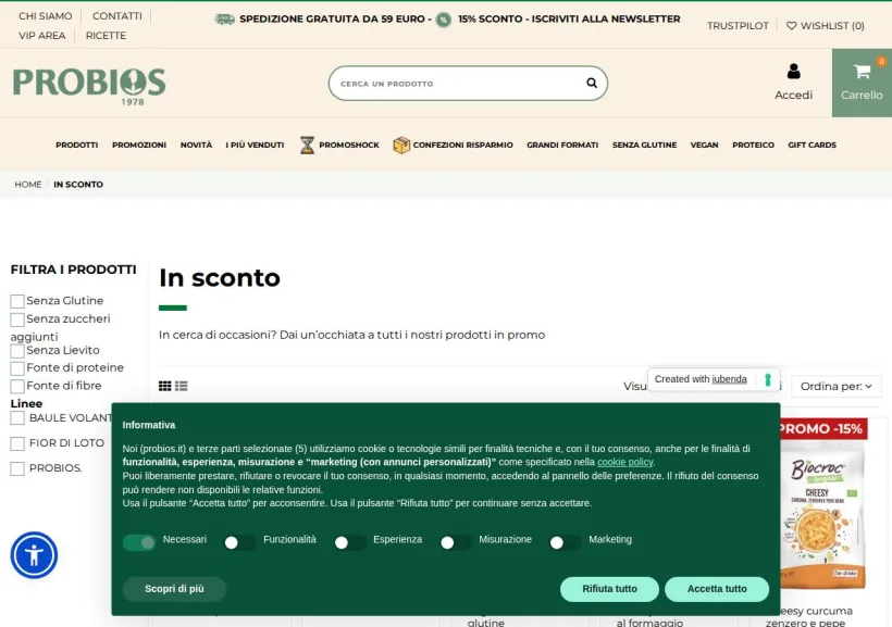 Schermata della pagina offerta di Probios