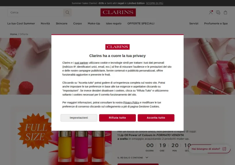 Schermata della pagina offerta di Clarins
