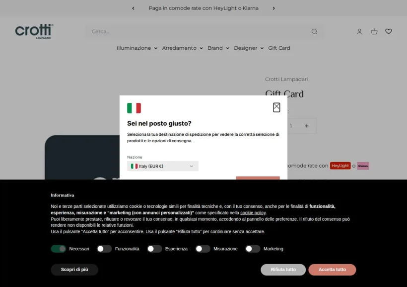 Schermata della pagina offerta di Crotti Lampadari