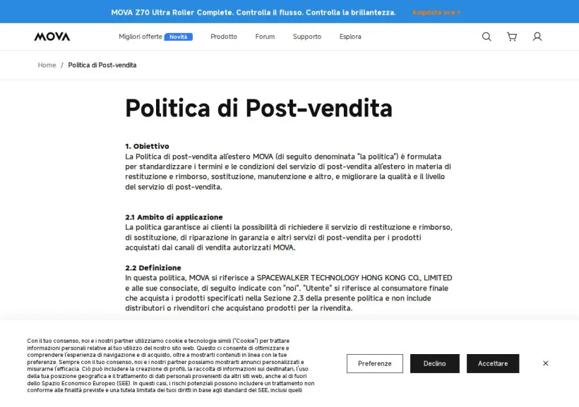 Schermata della pagina offerta di Mova