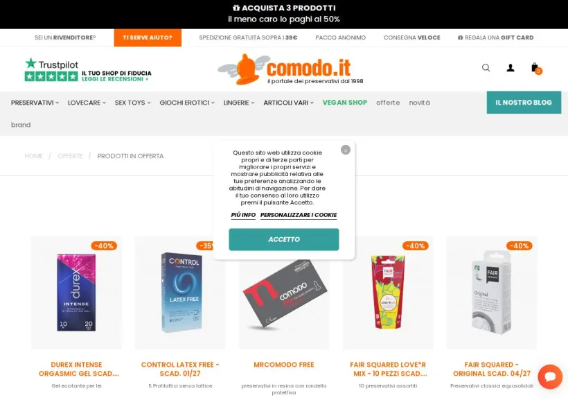 Schermata della pagina offerta di Comodo.it - Il portale dei preservativi