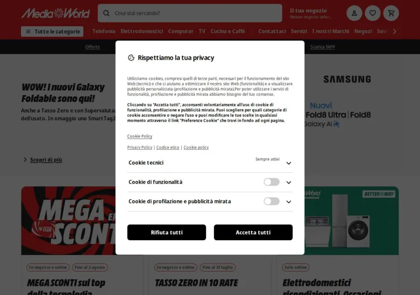 Schermata della pagina offerta di Mediaworld