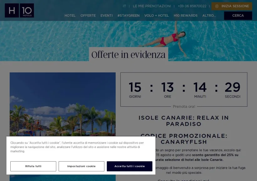 Schermata della pagina offerta di H10 Hotels
