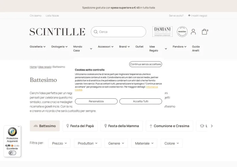 Schermata della pagina offerta di SCINTILLE