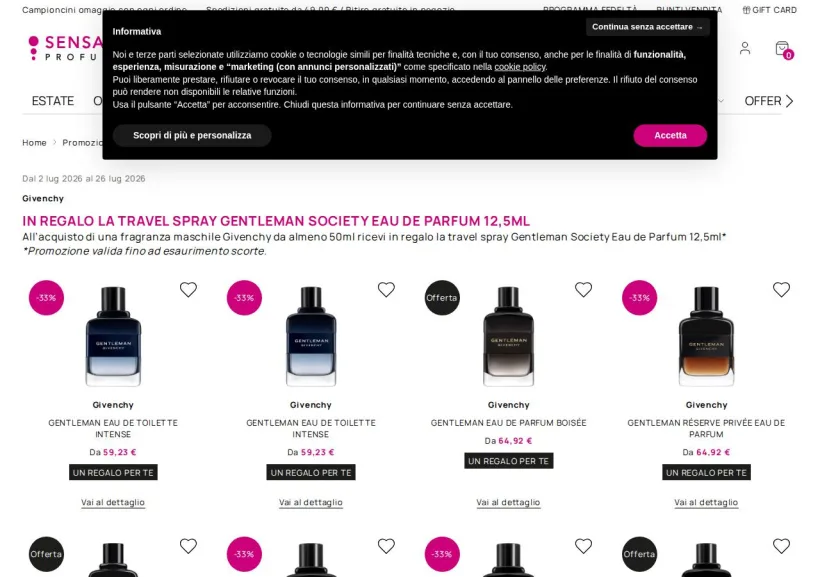 Schermata della pagina offerta di SensationProfumerie