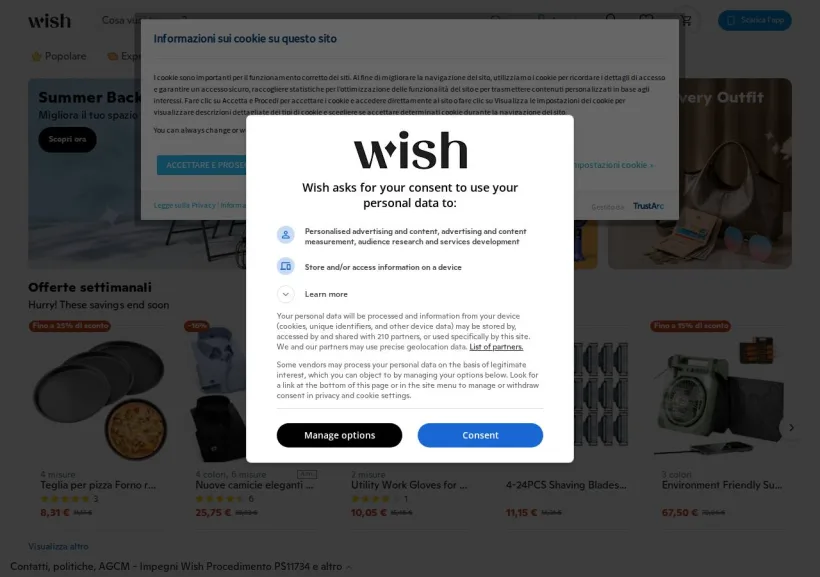 Schermata della pagina offerta di Wish