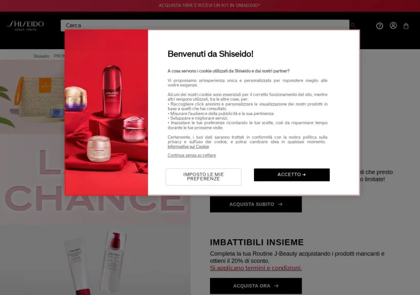Schermata della pagina offerta di Shiseido