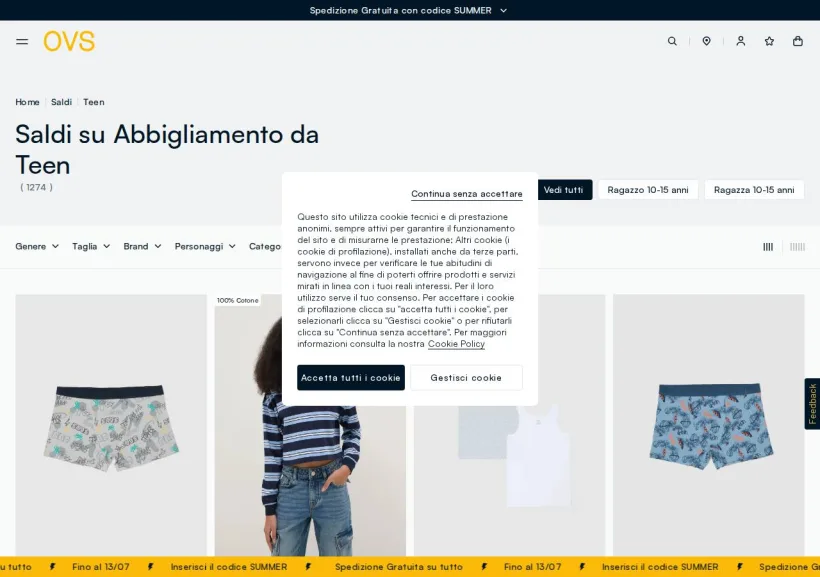 Schermata della pagina offerta di OVS