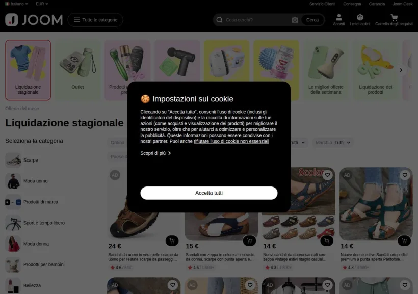 Schermata della pagina offerta di Joom