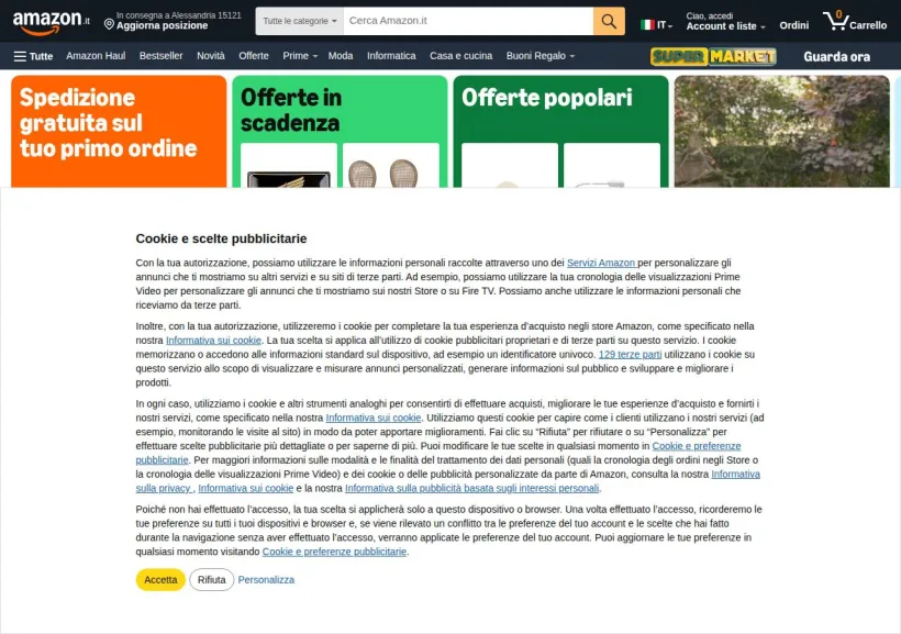 Schermata della pagina offerta di Amazon